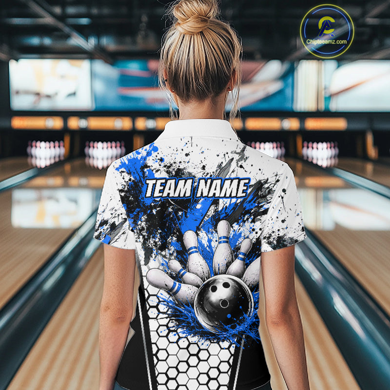 Custom Black And Blue Splatter Womens Bowling Shirt Splash Bowling Tournament Team Jersey NYN4011