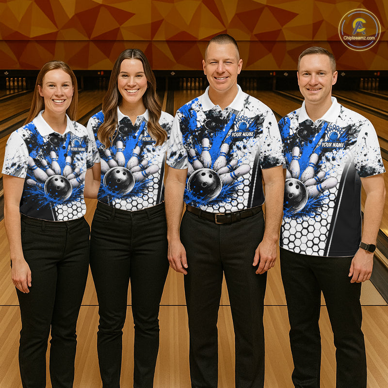 Custom Black And Blue Splatter Mens Bowling Shirt Splash Bowling Tournament Team Jersey NYN4011