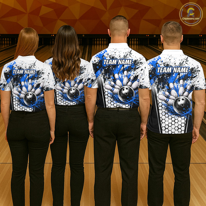 Custom Black And Blue Splatter Mens Bowling Shirt Splash Bowling Tournament Team Jersey NYN4011