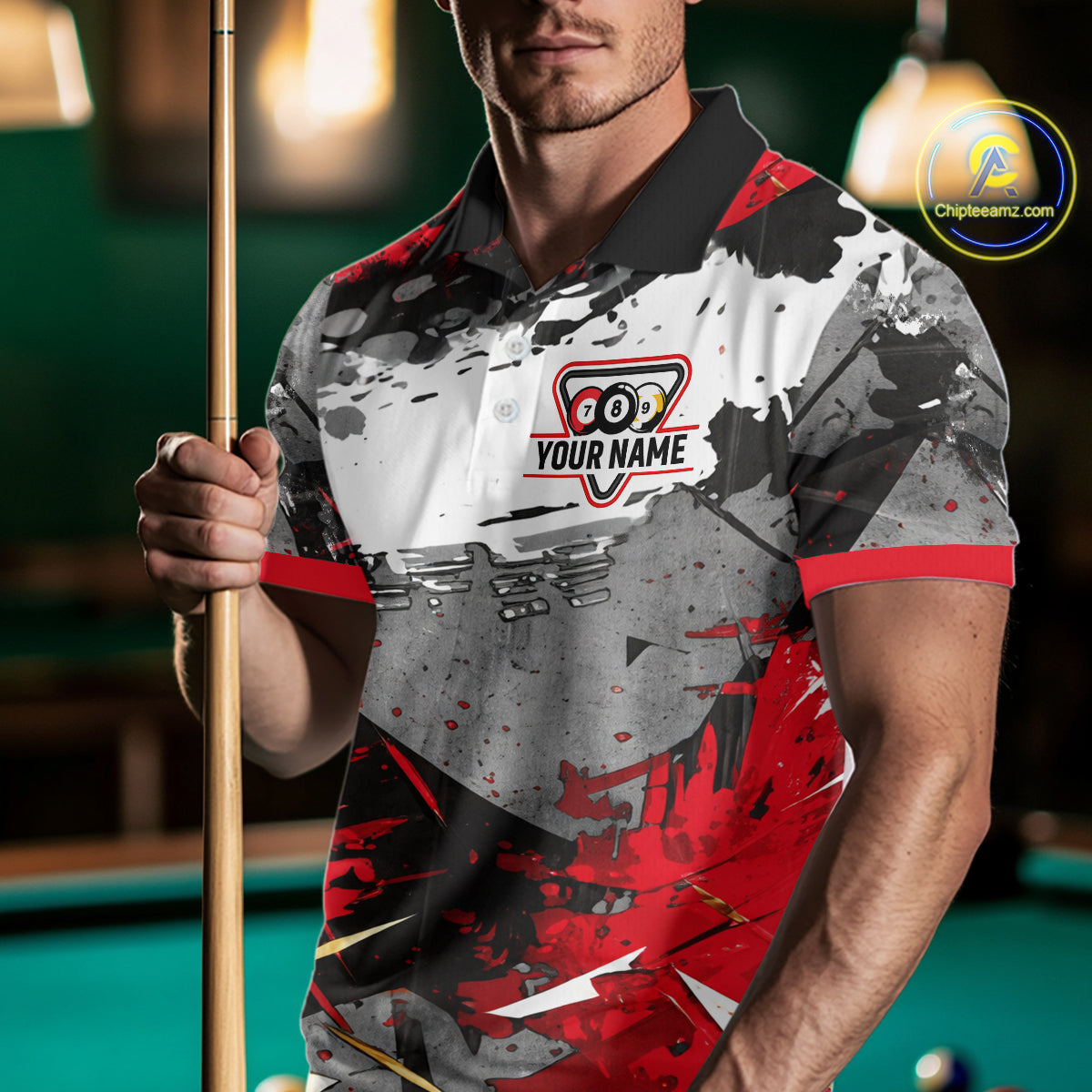 Black, White And Red Grunge Paint Billiard Pool Shirts For Men Custom 8 Ball Billiard Team Attire NYN3019