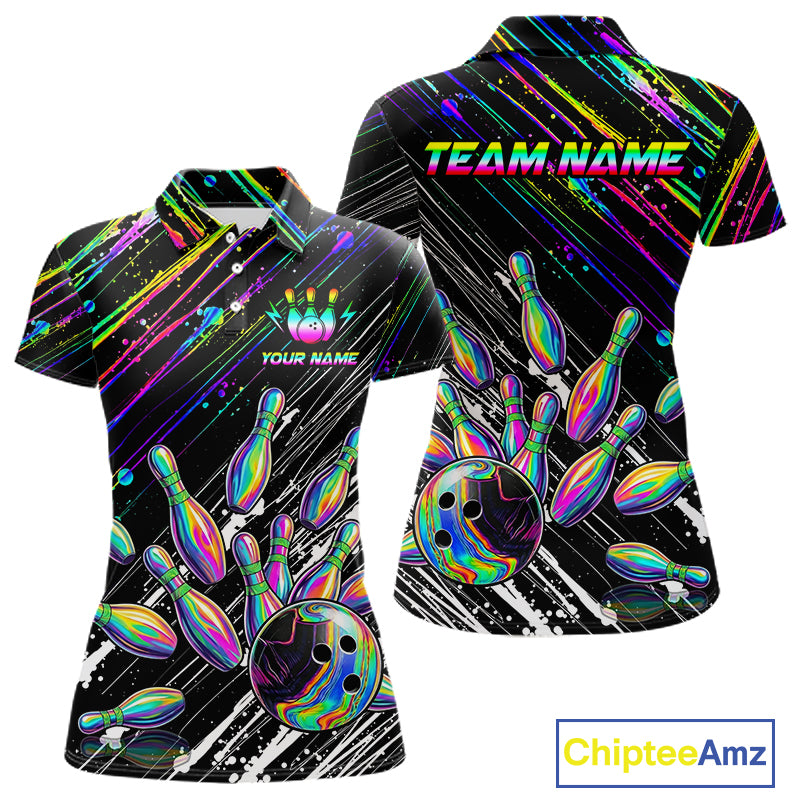 Holographic Strike Bowling Ball & Pins Jersey For Women Custom Splatter Paint Bowling Team Shirts NYN3200
