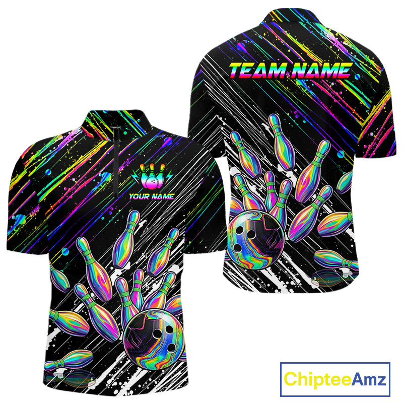 Holographic Strike Bowling Ball & Pins Jersey For Men Custom Splatter Paint Bowling Team Shirts NYN3200