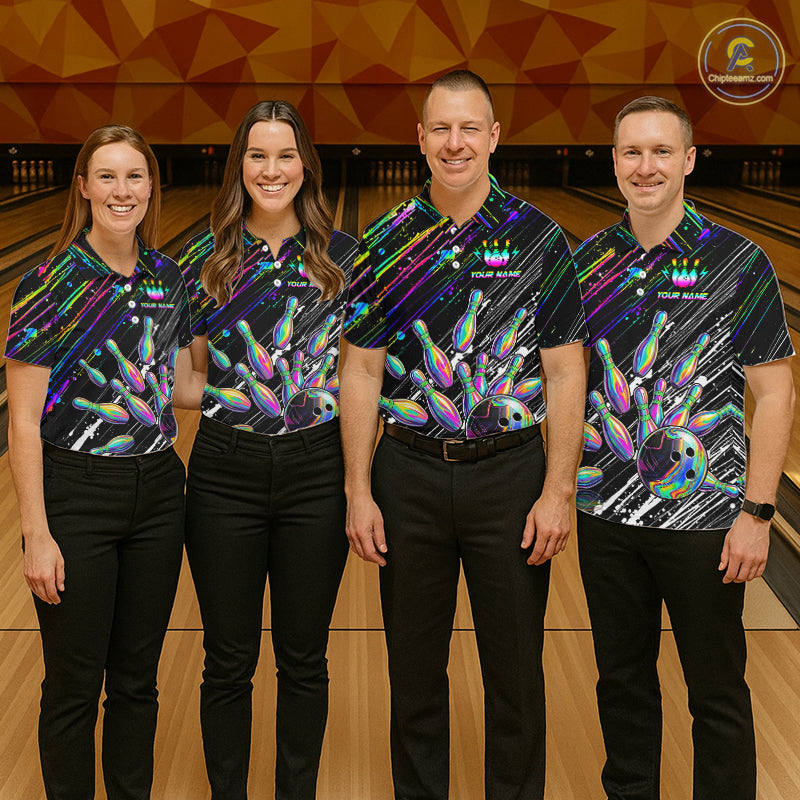 Holographic Strike Bowling Ball & Pins Jersey For Women Custom Splatter Paint Bowling Team Shirts NYN3200