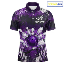 Load image into Gallery viewer, Men's white purple splatter paint bowling ball polo shirt custom bowling jersey mockup