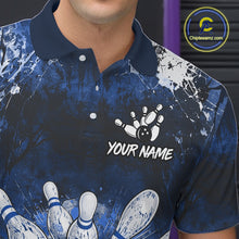 Load image into Gallery viewer, Men's white blue splatter bowling ball quarter zip bowling shirt mockup