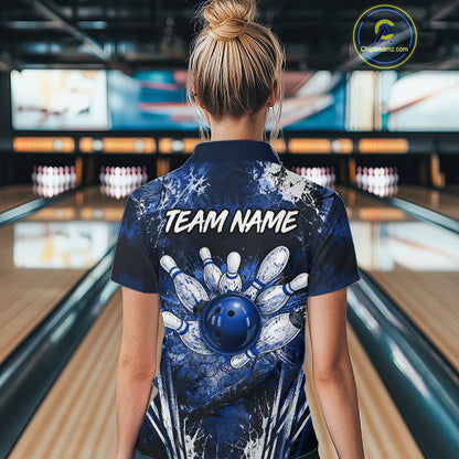 Woman wearing white blue splatter bowling ball shirt custom bowling apparel