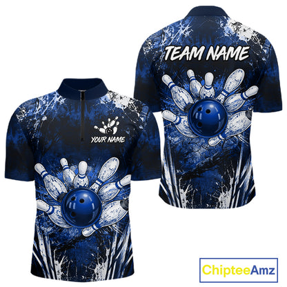 Men's white blue splatter bowling ball quarter zip bowling shirt mockup