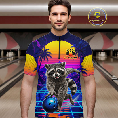 Man wearing funny raccoon bowling shirt custom summer bowling apparel