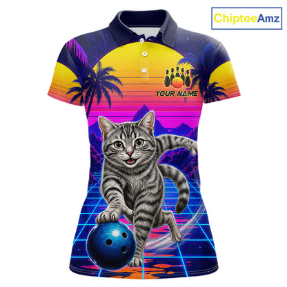 Funny cat bowling polo shirt for women personalized bowling jersey mockup
