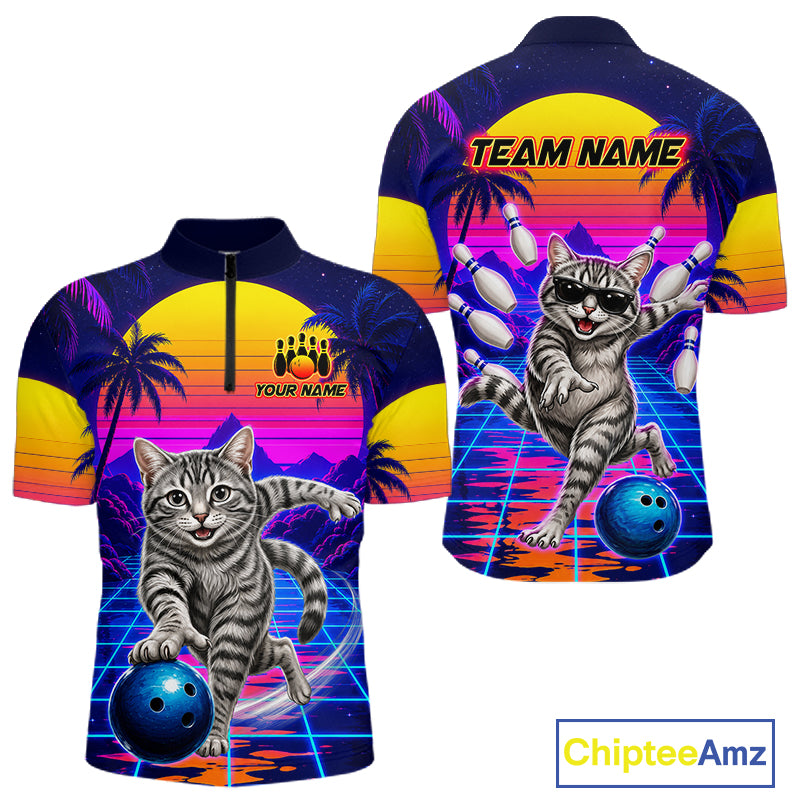 Funny cat quarter zip bowling shirt for men custom bowling jersey mockup
