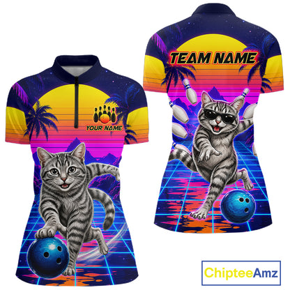 Funny cat quarter zip bowling shirt for women custom bowling jersey mockup
