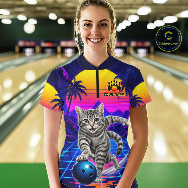 Funny cat quarter zip bowling shirt for women custom bowling jersey mockup