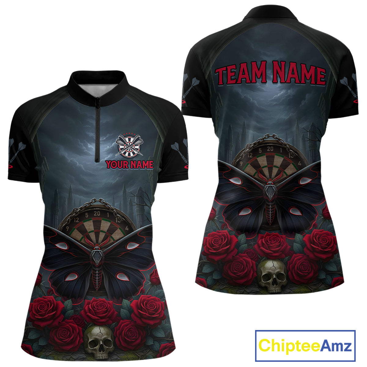 Red Butterfly Roses Dartboard Skull Custom Women Darts Quarter-Zip Shirt Gothic Dart Jerseys NYN1911