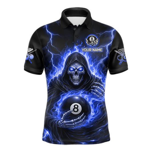 Blue Flames Grim Reaper Holding 8 Ball Pool Men Polo & 1/4-Zip Shirt Personalized Billiard Gifts NYN2661