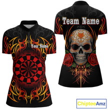 Load image into Gallery viewer, Women's Custom Darts Shirt With Roses Skull Polynesian Pattern And Red Dartboard NYN0254