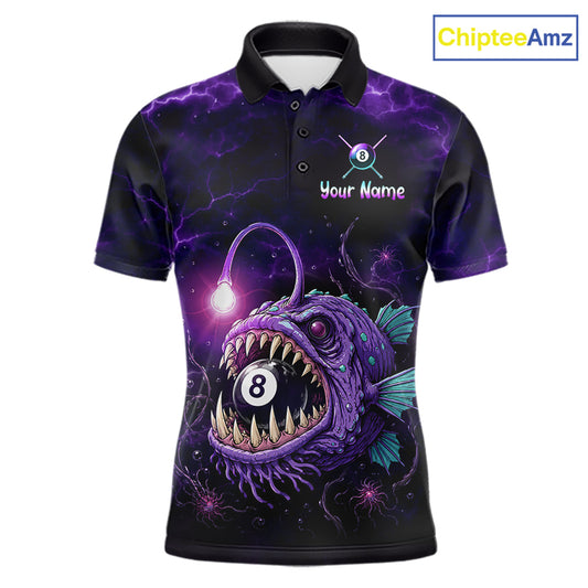 Custom Name Anglerfish men's billiard polo featuring Purple Thunder artwork, personalized 8 Ball billiard jersey, custom cue sports tournament apparel, APA pool league performance shirt, breathable athletic team uniform inspired by deep-sea predators