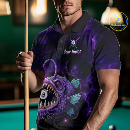 Male model wearing Purple Thunder Anglerfish pool jersey featuring custom name, fierce anglerfish artwork, cue sports championship apparel, lightweight tournament performance clothing inspired by ocean predators