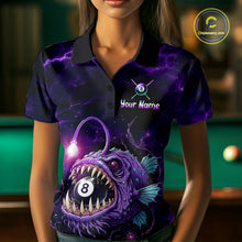 Load image into Gallery viewer, Female model wearing Purple Thunder Anglerfish billiard polo featuring personalized 8 Ball tournament jersey, professional cue sports apparel, deep-sea fantasy artwork, athletic performance clothing for APA, BCA and VNEA competitions