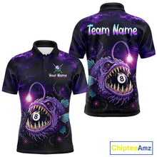 Load image into Gallery viewer, Custom Name Anglerfish men's billiard polo featuring Purple Thunder artwork, personalized 8 Ball billiard jersey, custom cue sports tournament apparel, APA pool league performance shirt, breathable athletic team uniform inspired by deep-sea predators