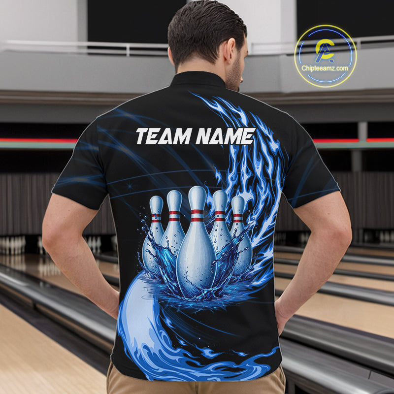 Male model wearing blue water flame bowling ball and pins shirt custom bowling team jersey for league bowlers