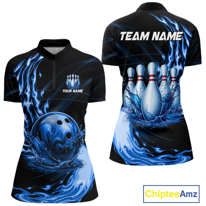 Women's blue water flame bowling ball and pins quarter zip shirt mockup custom bowling team jersey