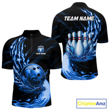 Load image into Gallery viewer, Men's blue water flame bowling ball and pins quarter zip shirt mockup custom bowling team jersey