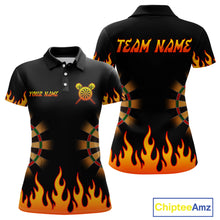 Load image into Gallery viewer, Women's Personalized Darts Shirt With Black Flame Pattern And Fiery Dartboard NYN0265