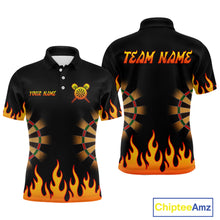 Load image into Gallery viewer, Men's Personalized Darts Shirt With Black Flame Pattern And Fiery Dartboard NYN0265