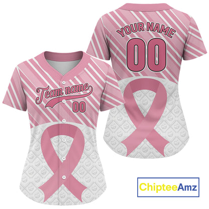 Custom White-Pink Ribbon Baseball Jerseys For Women Breast Cancer Awareness Baseball Shirt NYN1384