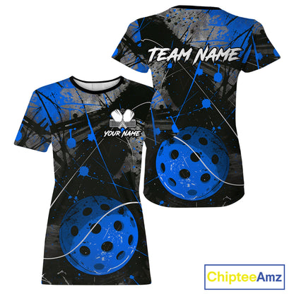 Custom Black Grunge Blue Pickleball Ball T-Shirt For Women Splatter Pickleball Jerseys NYN2482