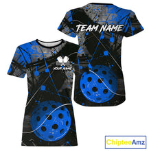 Load image into Gallery viewer, Custom Black Grunge Blue Pickleball Ball T-Shirt For Women Splatter Pickleball Jerseys NYN2482