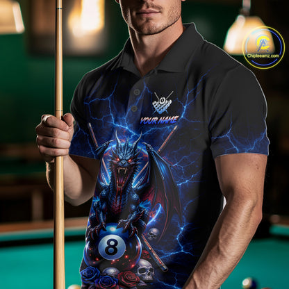 Custom Dragon Roses 8 Ball Billiard Pool Shirt For Men Thunder Blue Red Skull Team Billiard Jersey NYN3068