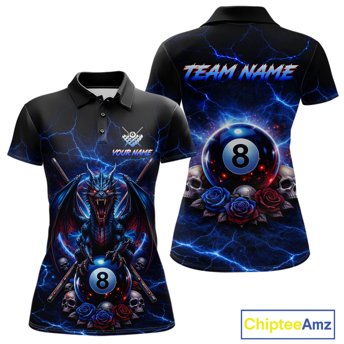 Custom Dragon Roses 8 Ball Billiard Pool Shirt For Women Thunder Blue Red Skull Team Billiard Jersey NYN3068