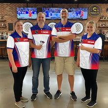 Load image into Gallery viewer, Men's dart team wearing patriotic bull American flag dart jerseys tournament apparel