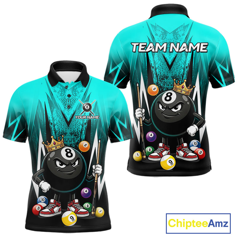Black & Turquoise Funny Crown 8 Ball Billiard Shirt For Men Custom 8 Ball Pool Polo & 1/4 Zip Jersey NYN3789