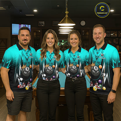 Black & Turquoise Funny Crown 8 Ball Billiard Shirt For Men Custom 8 Ball Pool Polo & 1/4 Zip Jersey NYN3789