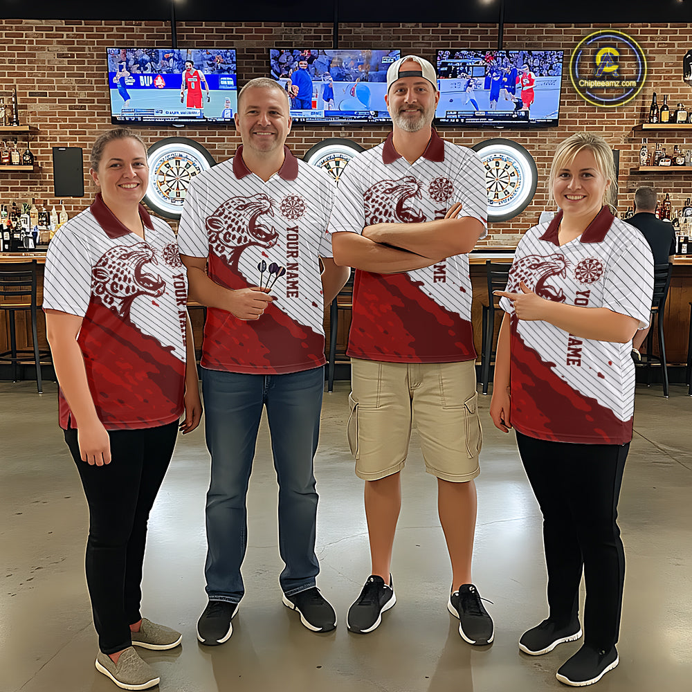 Personalized White And Red Striped Leopard Darts Polo Shirts For Men Dart Team Jerseys NYN2197