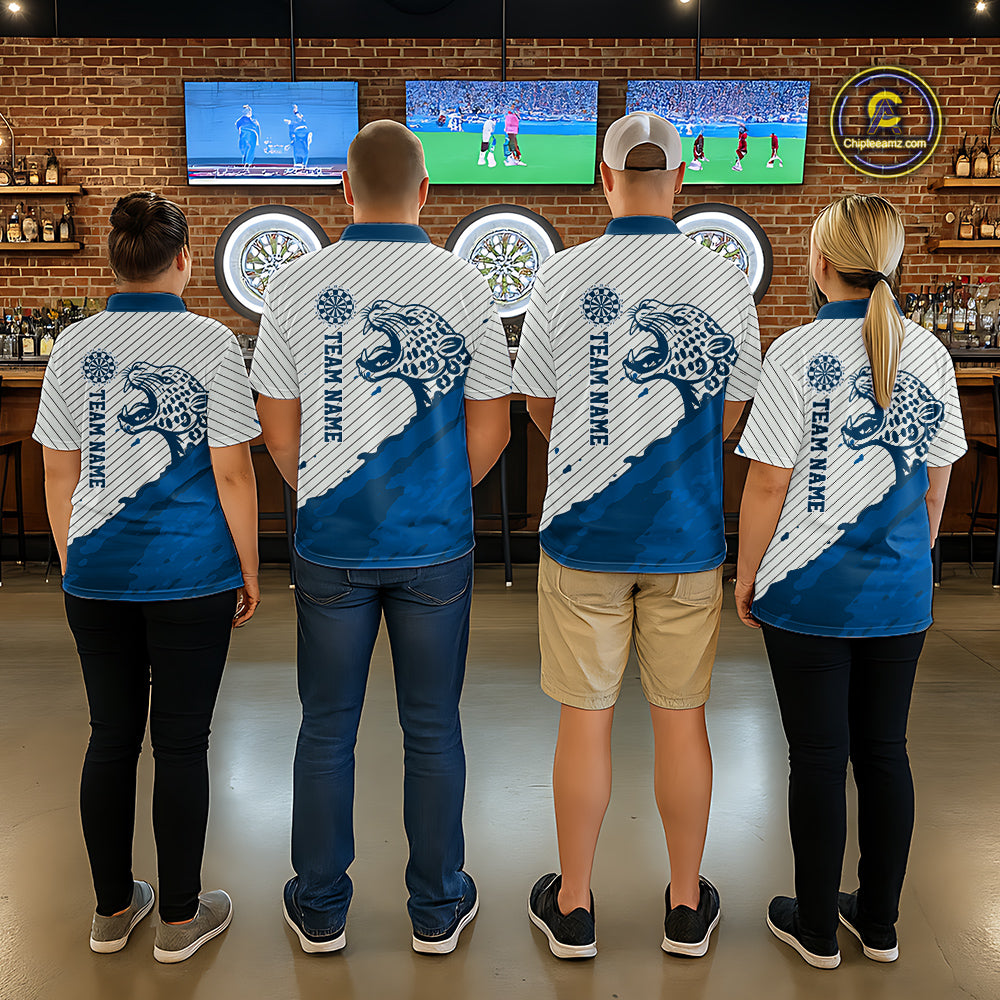 Personalized White And Blue Striped Leopard Darts Polo Shirts For Men Dart Team Jerseys NYN2198