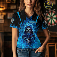 Load image into Gallery viewer, Personalized Blue Flaming Grim Reaper Women Darts Polo League Shirts Outfits Dart Jerseys NYN2208