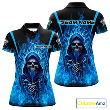 Load image into Gallery viewer, Personalized Blue Flaming Grim Reaper Women Darts Polo League Shirts Outfits Dart Jerseys NYN2208
