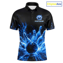 Load image into Gallery viewer, Blue Flames Bowling Ball and Pins men's bowling polo shirt custom thunder lightning bowling team jersey