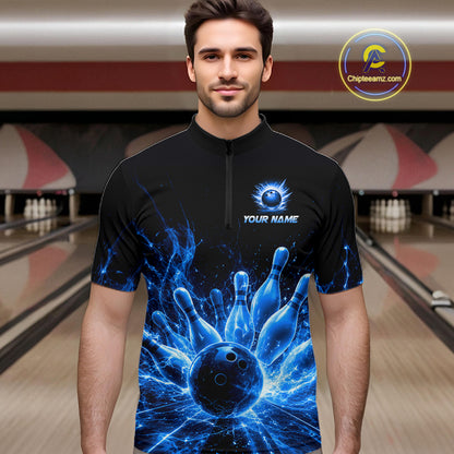 Male bowler wearing Blue Flames Bowling Ball and Pins bowling jersey during league competition
