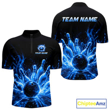 Load image into Gallery viewer, Blue Flames Bowling Ball and Pins men's quarter zip bowling shirt custom bowling uniform, tournament apparel