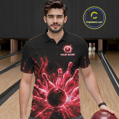 Male bowler wearing Red Flames Bowling Ball and Pins bowling jersey in tournament competition
