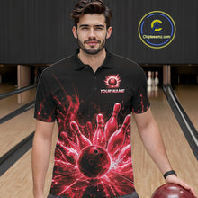 Load image into Gallery viewer, Male bowler wearing Red Flames Bowling Ball and Pins bowling jersey in tournament competition