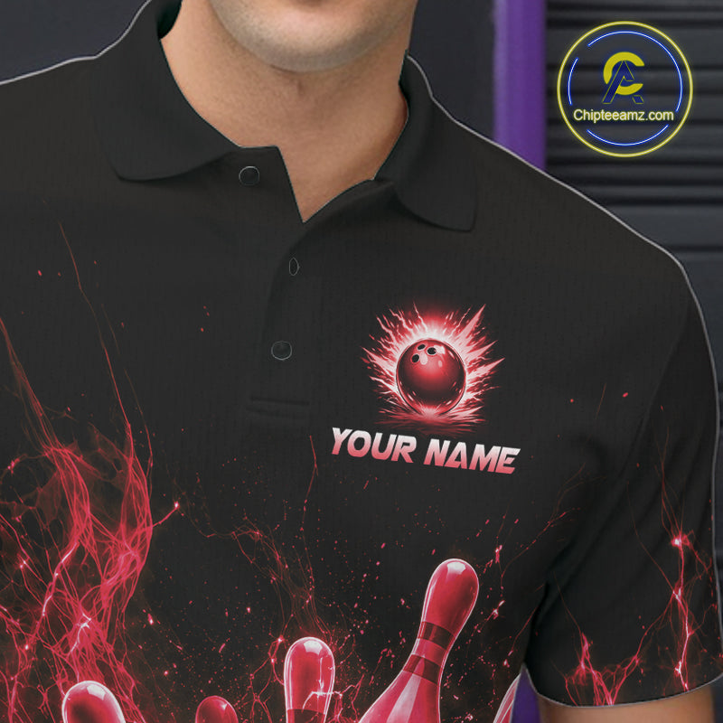 Male bowler wearing Red Flames Bowling Ball and Pins bowling jersey in tournament competition