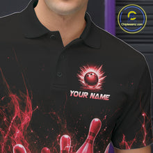 Load image into Gallery viewer, Male bowler wearing Red Flames Bowling Ball and Pins bowling jersey in tournament competition