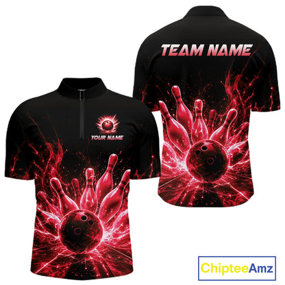Red Flames Bowling Ball and Pins men's quarter zip bowling shirt custom bowling league apparel