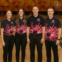 Load image into Gallery viewer, Men women bowling team wearing Red Flames bowling uniforms and professional bowling team jerseys