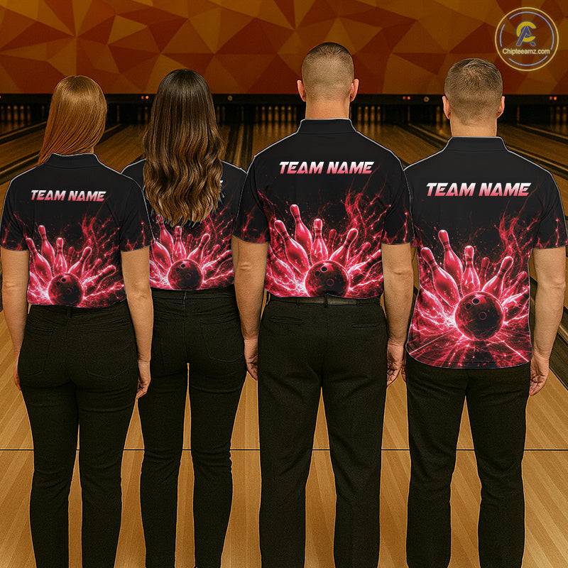 Men women bowling team wearing Red Flames bowling uniforms and professional bowling team jerseys